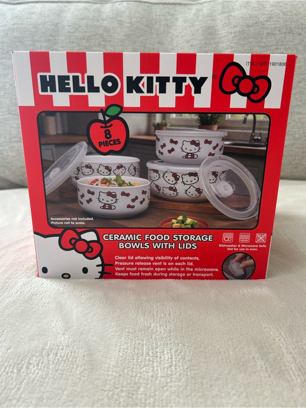 Hello Kitty Ceramic Food Storage Bowls with Clear Lids — White & Red